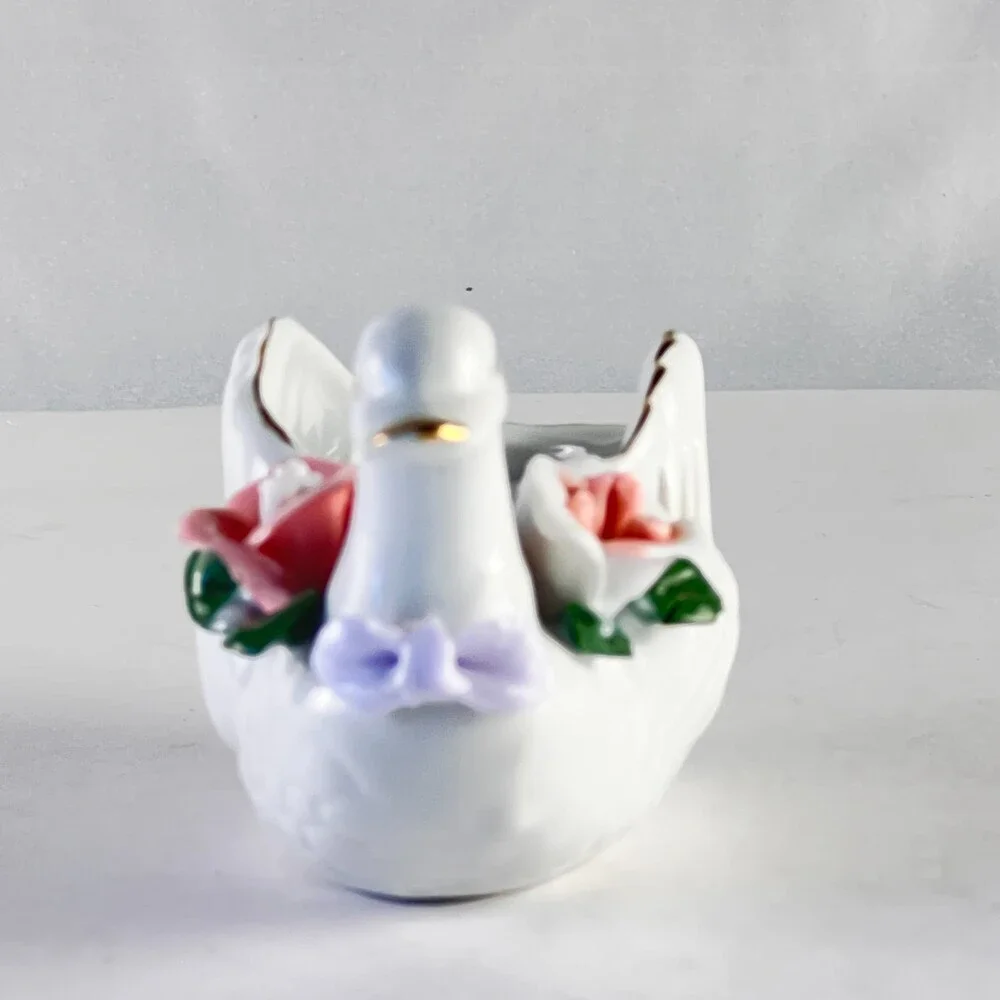 Porcelain Swan Catchall Bowl Applied Pink Roses Gold Accents Iridescent Dish